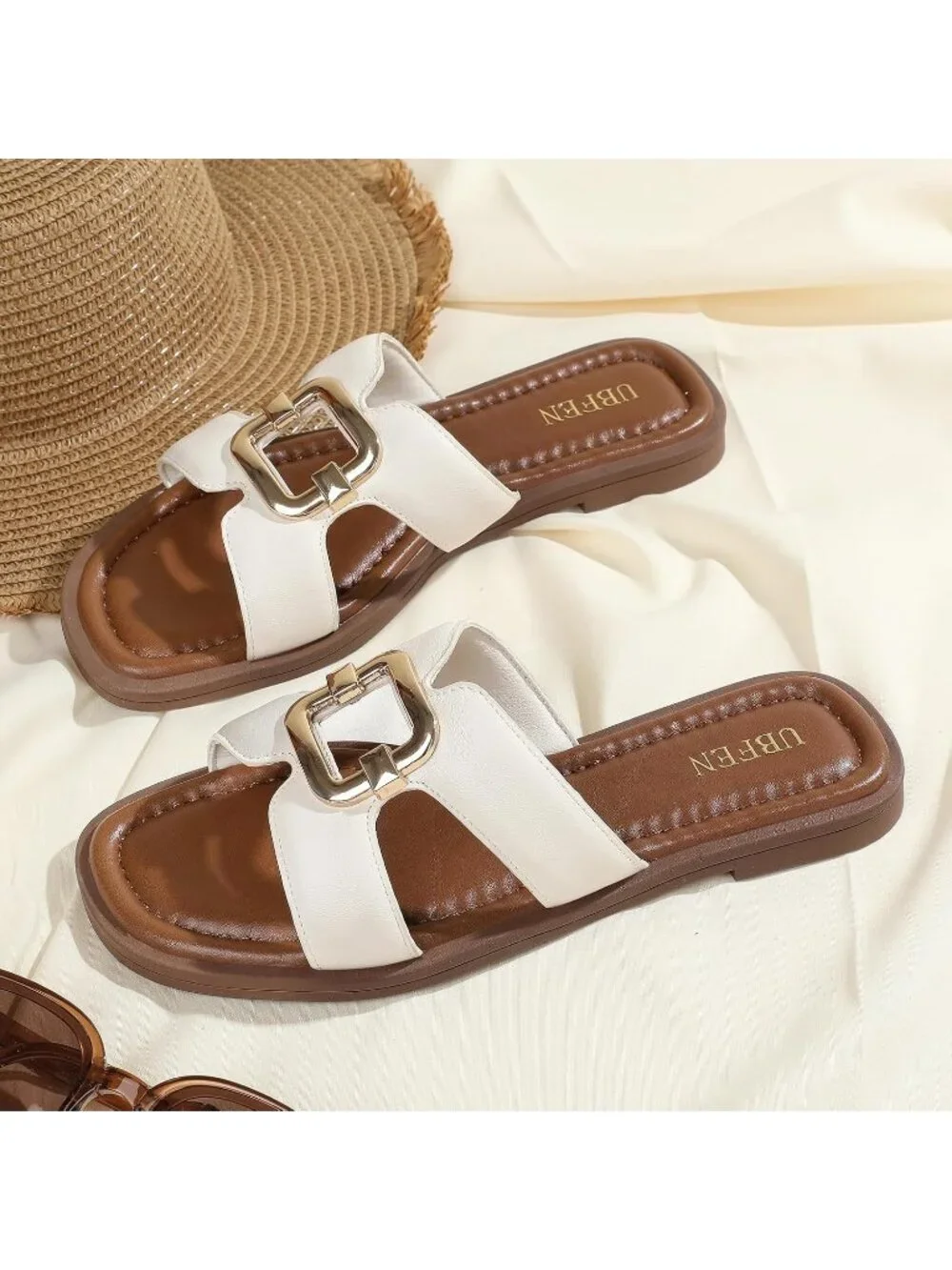 Women's Beige Square Toe Flat Sandals Slides Dressy Comfortable for Beach